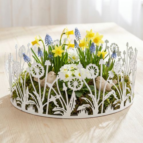 Dekotablett Metall Ø25cm H10,5cm Weiß Silber Shabby Chic mit Pusteblumenmotiv | Floristik24.at