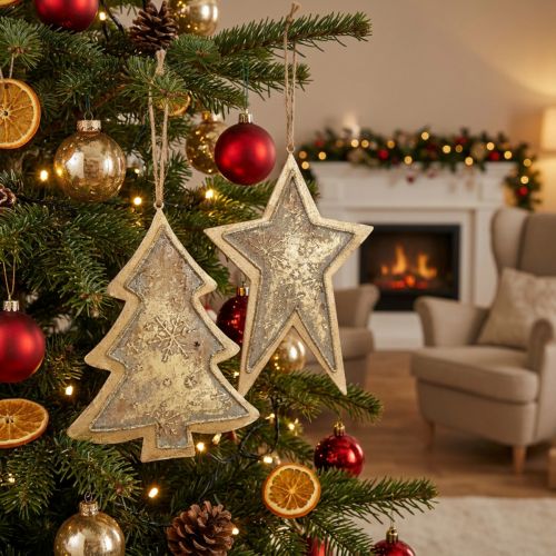 Metallanhänger Tanne und Stern, Christbaumschmuck, Gold, Antik-Optik, H15,5/17 cm, 4 Stück | Floristik24.at