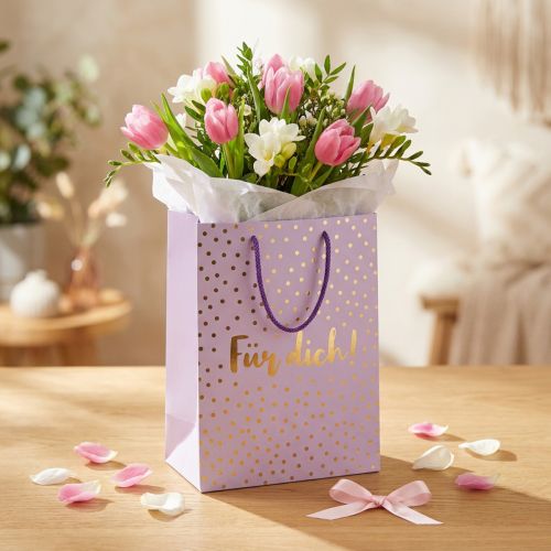 Geschenktasche aus Papier mit Henkeln, 18×10×23 cm, Flieder mit Goldakzenten, 2 Stück | Floristik24.at
