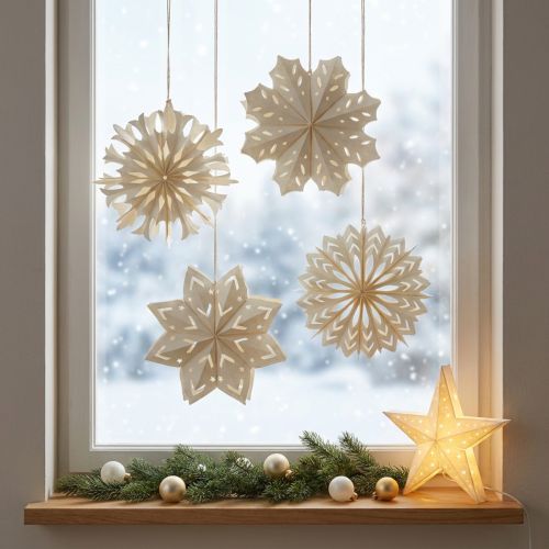 Set aus 4 Papier-Schneeflocken zum Aufhängen, 15 cm Durchmesser, weiß | Floristik24.at