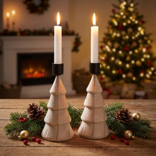 Stabkerzenhalter Holz Tannenbaum Natur H16cm 2 Stück | Floristik24.at