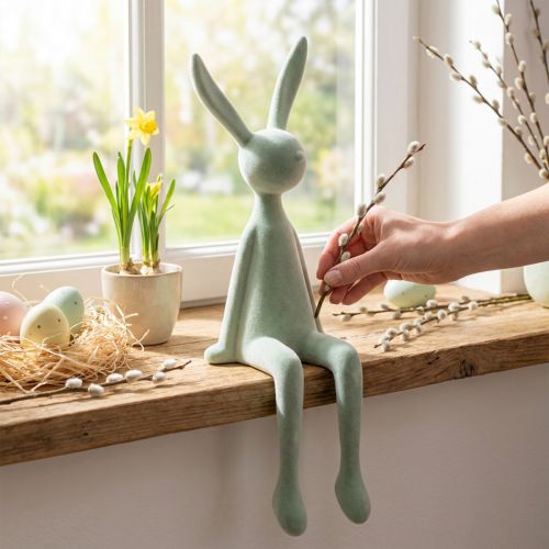 Osterdekoration Kantenhocker Hase Sitzend Beflockt Graugrün Höhe 56 cm | Floristik24.at