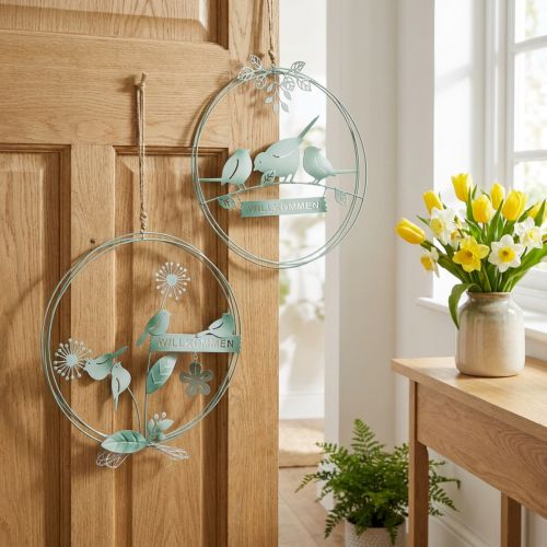 Metall-Hängedeko Ø27cm, Willkommensschild mit Vogelpaar und Pusteblume, Grün-Weiß, 2er-Set | Floristik24.at
