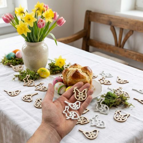 Streudeko aus Holz: Hasen, Hühner und Vögel, 3–3,5 cm, Natur und Weiß, 72 Stück | Floristik24.at