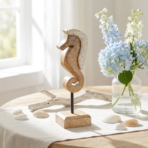 Mangoholz Seepferdchen Dekoration 20 cm mit Perlen auf Sockel | Floristik24.at