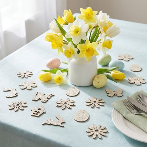 Artikel Streuteile Holz 2–4cm Weiß, 12 Motive, 64 Stück für Frühling und Ostern