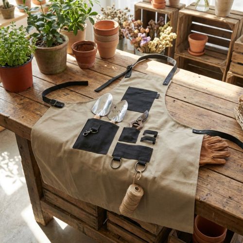 Gartenschürze mit Werkzeugtaschen, Polyester/Baumwolle/Kunstleder, 83x85 cm, Khaki | Floristik24.at