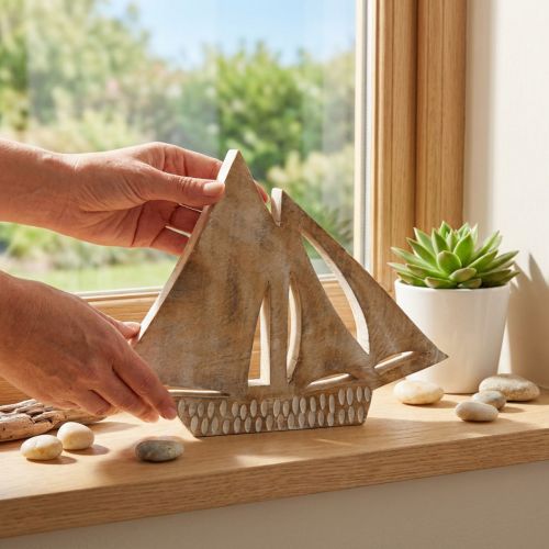 Segelboot aus Naturholz, maritime Deko, ca. 23 cm, naturfarben/weiß | Floristik24.at