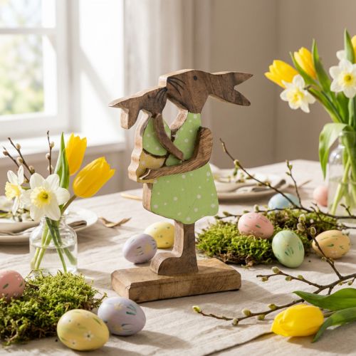 Holzfigur Hasenmutter mit Kind, 22 cm, Natur, Grün-Gelb, Osterdekoration | Floristik24.at