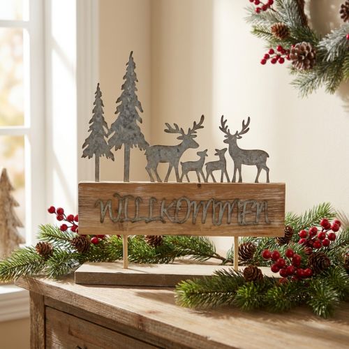 Willkommensschild Wald-Silhouette mit Rehen aus Metall und Holz, H31cm B28,5cm, Herbst- und Weihnachtsdeko | Floristik24.at