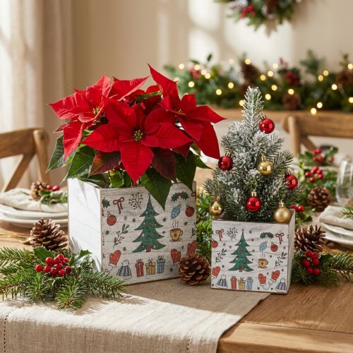 Pflanzgefäß Holz quadratisch Weihnachtsmotive Weiß/Bunt 20×20cm und 15×15cm 2er-Set | Floristik24.at