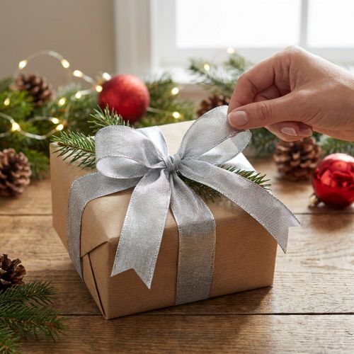 Artikel Geschenkband mit Drahtkante 25mm x 25m Silber Polyester-Polyamid
