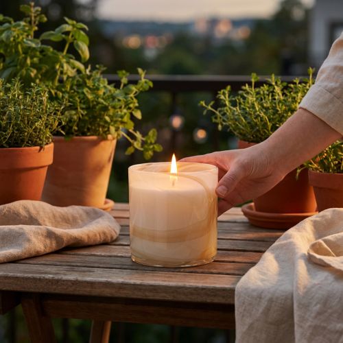 Artikel Duftkerze Citronella im Glas Weiß Ø12cm H12,5cm für Innen- und Außenbereiche