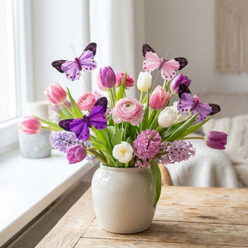 Deko-Schmetterlinge aus Federn am Draht Lila/Rosa 9,5cm 12er-Set | Floristik24.at