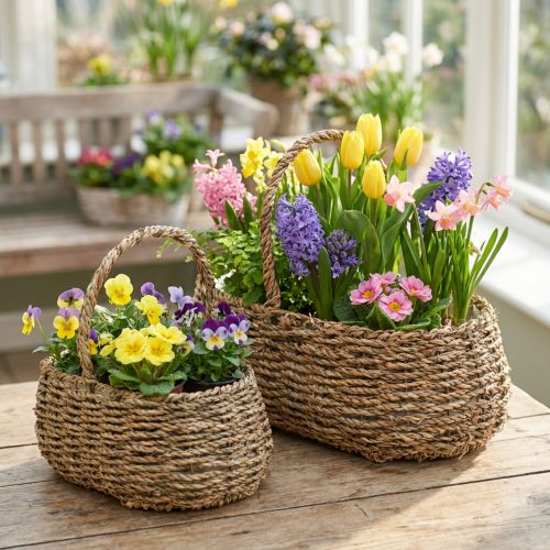 Pflanzkorb Set mit Henkeln aus Naturmaterial, L23/35cm, Beige, 2-teilig | Floristik24.at