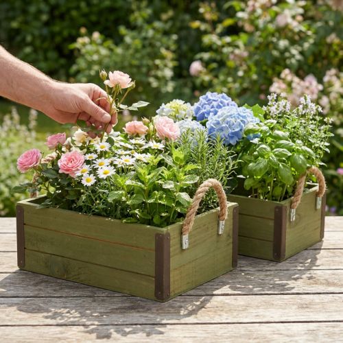 Blumenkasten Holz Grün im Shabby-Chic Look mit Jutegriffen 24/30 cm 2er-Set | Floristik24.at