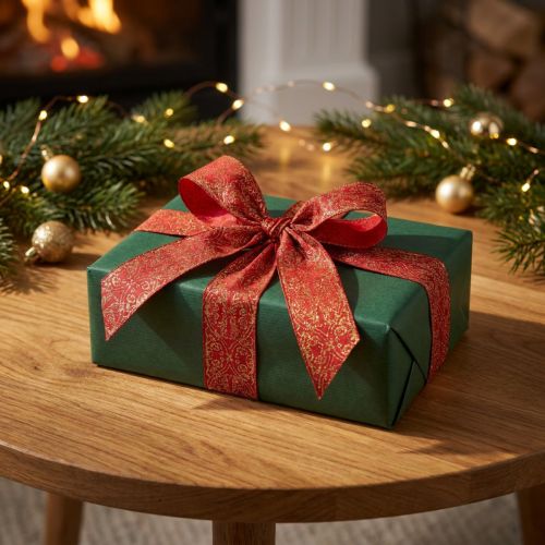 Artikel Geschenkband aus Polyester mit Drahtkanten 40 mm 15 m Dunkelrot mit goldenen Mustern