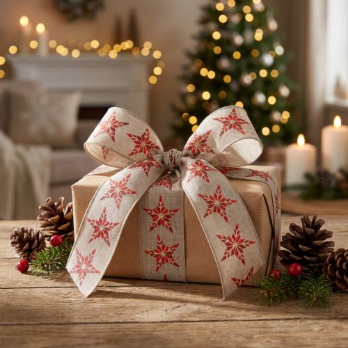 Artikel Dekoband Baumwolle mit roten Sternen 40mm 15m für Weihnachten