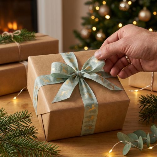 Artikel Geschenkband aus Polyester mit Rentier- und Tannenbaum-Motiv 40mm x 18m