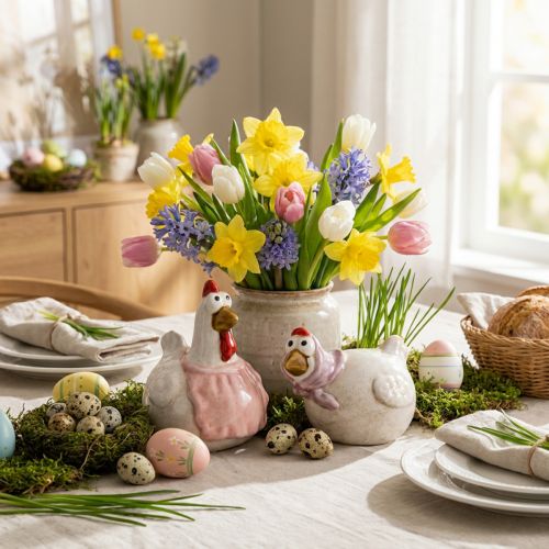 Artikel Keramik-Hühnerfiguren 11cm Mehrfarbig Osterdeko 2er-Set für Innenbereich