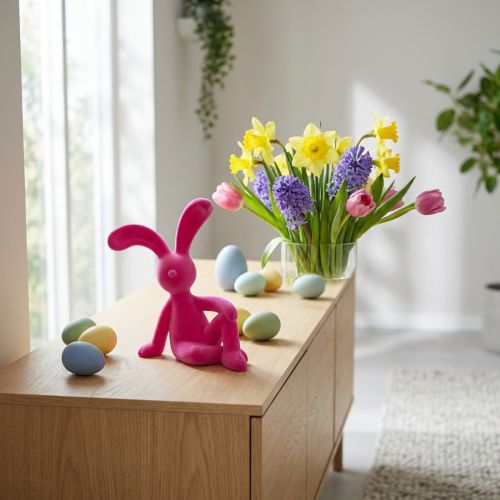 Artikel Dekofigur Hase aus Kunststoff mit Samtoberfläche 38 cm Pink für Wohnraumdekoration