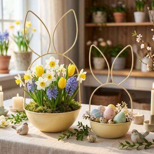 Osterkorb aus Metall mit Hasenohren 34 cm und 25 cm in Gelb, 1 Set | Floristik24.at