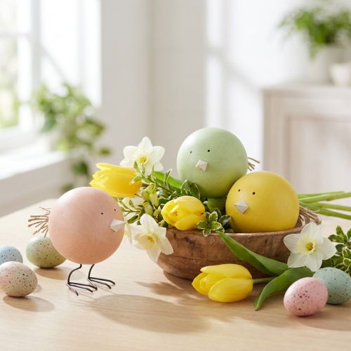 Artikel Deko-Küken aus Holz und Metall, 12 cm, 3er-Set, pastellgelb, rosa und grün, für Frühling und Ostern