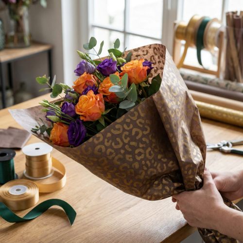 Artikel Blumenseide Braun mit goldenem Leopardenmuster Nassfest 50x75cm 20 Stück