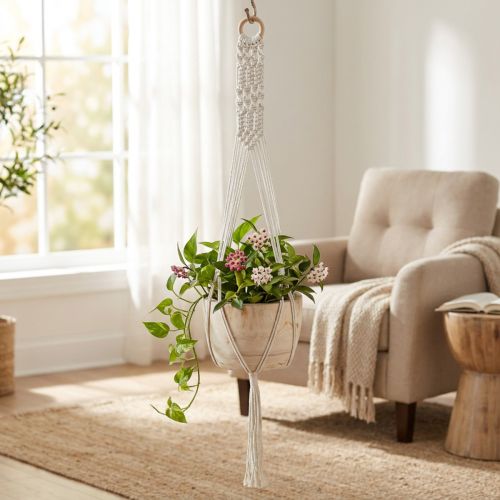 Makramee Blumenampel aus Holz Ø22 cm Natur mit Kordel | Floristik24.at
