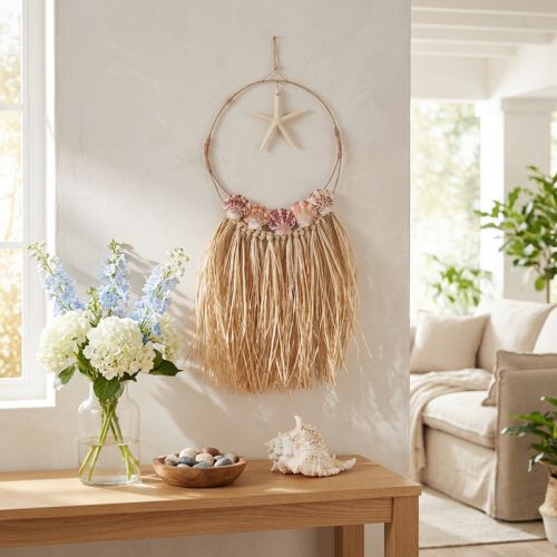 Wanddeko aus Bast mit echtem Seestern und Muscheln Ø26,5 cm, H65 cm | Floristik24.at