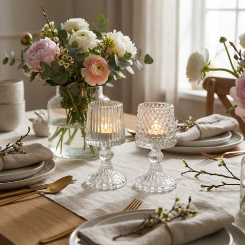Glas Teelichthalter mit Fuß, Punkte und Rillen, H15cm, 2er-Set | Floristik24.at