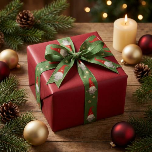 Geschenkband Baumwolle Polyamid Wichtelmotiv Grün 25mm x 20m Weihnachtsdeko | Floristik24.at