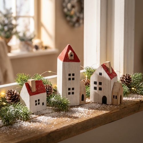 Artikel Deko-Holzhaus-Set Rot und Weiß 6-teilig 13 cm Höhe Winterdeko