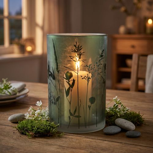 Windlicht aus Glas Weiß mit grünem Wiesen-Motiv H18cm | Floristik24.at