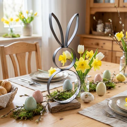 Osterhase aus Metall und Holz in Schwarz-Silber, 13,5 × 37 cm | Floristik24.at