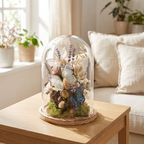 Glasglocke mit Holztablett Ø17cm H24cm aus Klarglas und Naturholz | Floristik24.at