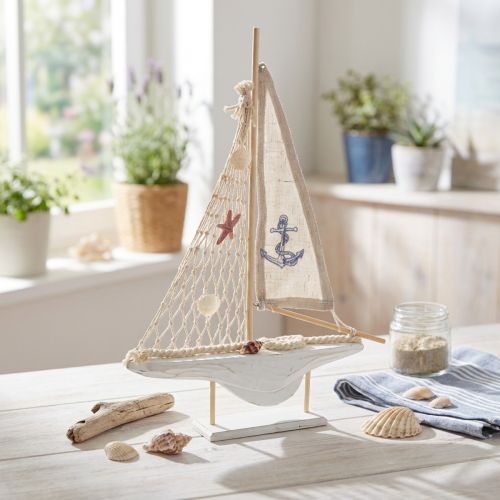 Artikel Segelboot aus Pinienholz Natur Weiß H39cm mit Leinen-Segel