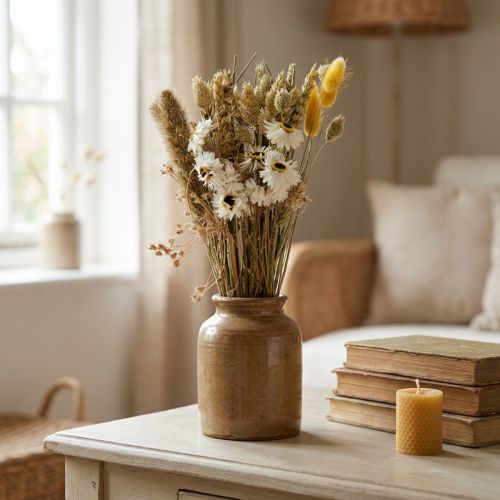 Trockenblumenstrauß aus Strohblumen und Phalaris, Weiß und Gelb, 30 cm | Floristik24.at