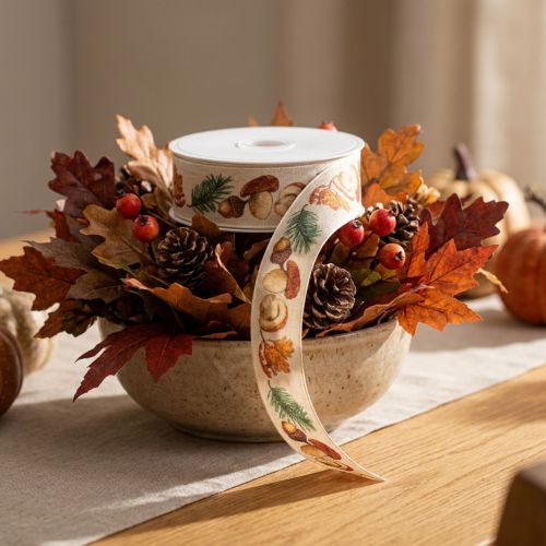 Artikel Dekoband mit Pilzen, Herbstlaub und Tannenzweigen 25mm x 18m beige