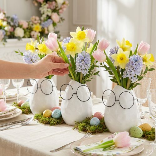 Vase Keramik Weiß Ø8,5cm H13cm mit Metallbrille 3er Set Osterdeko | Floristik24.at