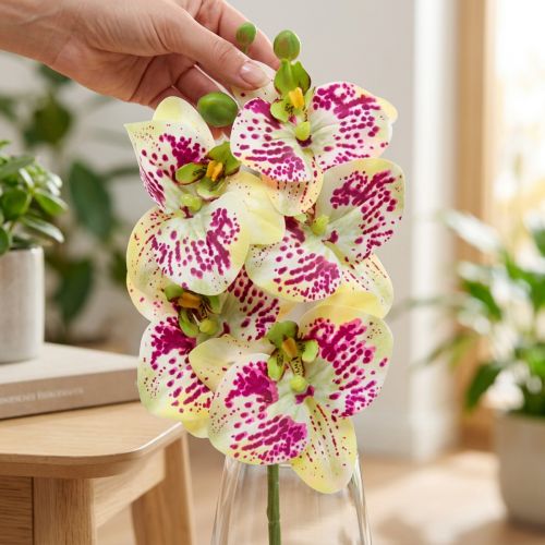 Künstlicher Orchideenzweig aus Kunststoff und Textilfasern Grün Pink H49cm | Floristik24.at