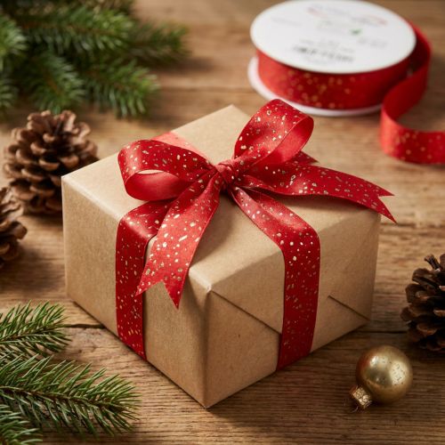 Polyester Weihnachtsband mit goldenen Sprenkeln 25mm x 20m Rot | Floristik24.at
