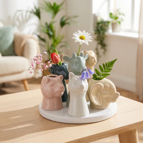 Artikel Keramikvasen-Set mit Tiermotiven, 6-teilig, Höhe 10 cm, Durchmesser 13 cm, Weiß, Rosa, Gelb