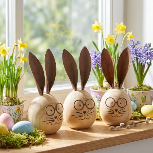 Artikel Hasen-Dekofigur aus Holz mit Metall-Ohren und Brille, 14 cm, 3er-Set