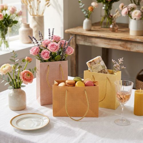 Artikel Geschenktüten aus gewebtem Papier mit Henkeln 20×10×10cm 3-farbig Vanille Orange Rosa 6 Stück