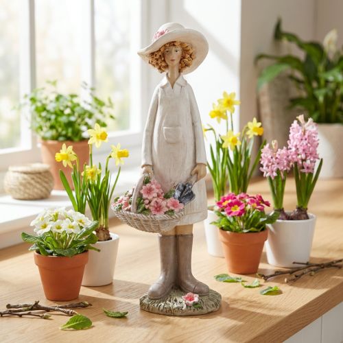 Dekofigur Frau Gärtnerin mit Blumen Korb Weiß Rosa H21cm Polyresin | Floristik24.at