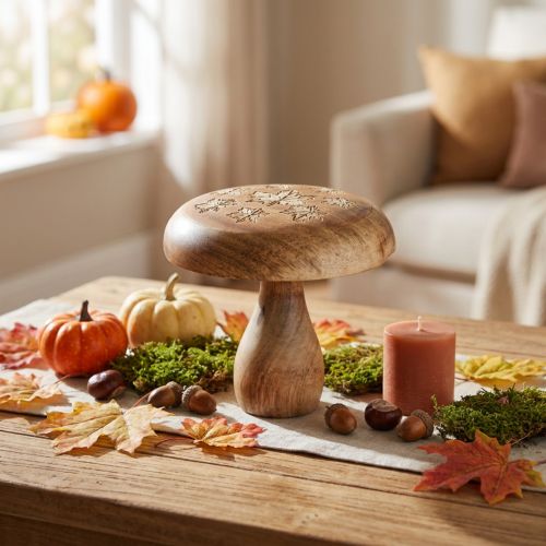 Holz-Deko-Pilz Natur mit Blattmuster Ø 15 cm