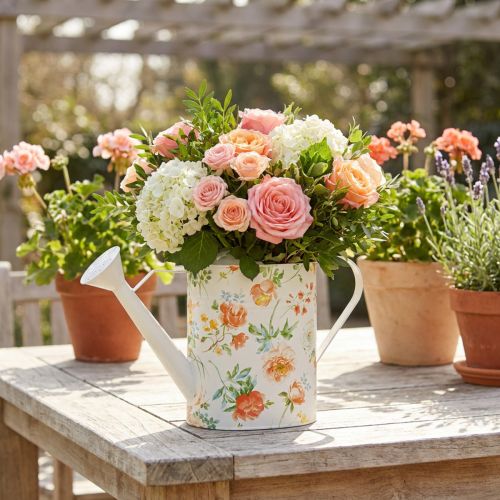 Gießkanne aus Metall mit Rosenmotiv, H 31,5 cm, Weiß/Bunt, Dekoration für Garten und Balkon | Floristik24.at