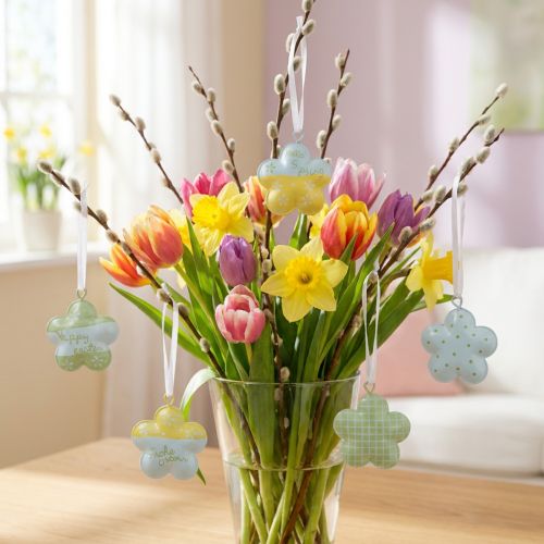 Metall-Blumen zum Hängen Ø4cm, 12 Stück, Grün/Gelb/Weiß, Frühlings- und Osterdeko | Floristik24.at
