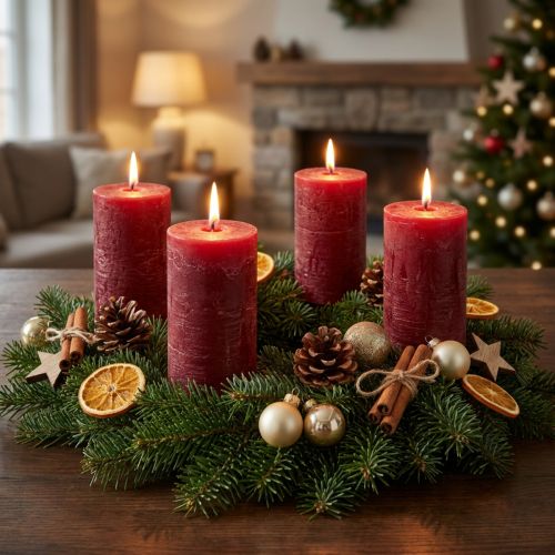 Rustikale Stumpenkerzen in Dunkelrot 70x120mm, 4er-Set, Lange Brenndauer, Marmoriert, Stilvolle Festtagsdeko | Floristik24.at
